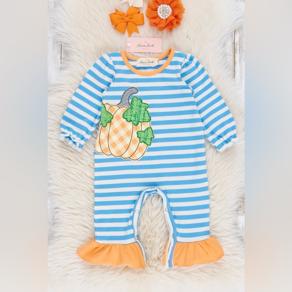 Blue and White Striped Gingham Pumpkin Ruffle Romper